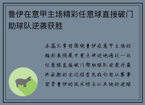 鲁伊在意甲主场精彩任意球直接破门助球队逆袭获胜