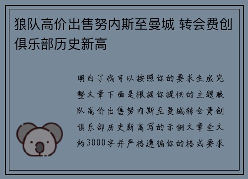 狼队高价出售努内斯至曼城 转会费创俱乐部历史新高
