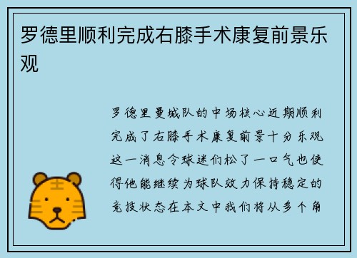 罗德里顺利完成右膝手术康复前景乐观
